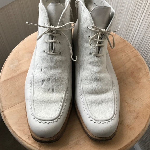 Bally Moto Combat Boots Leather and Fur Off White Size 7 - Picture 4 of 8
